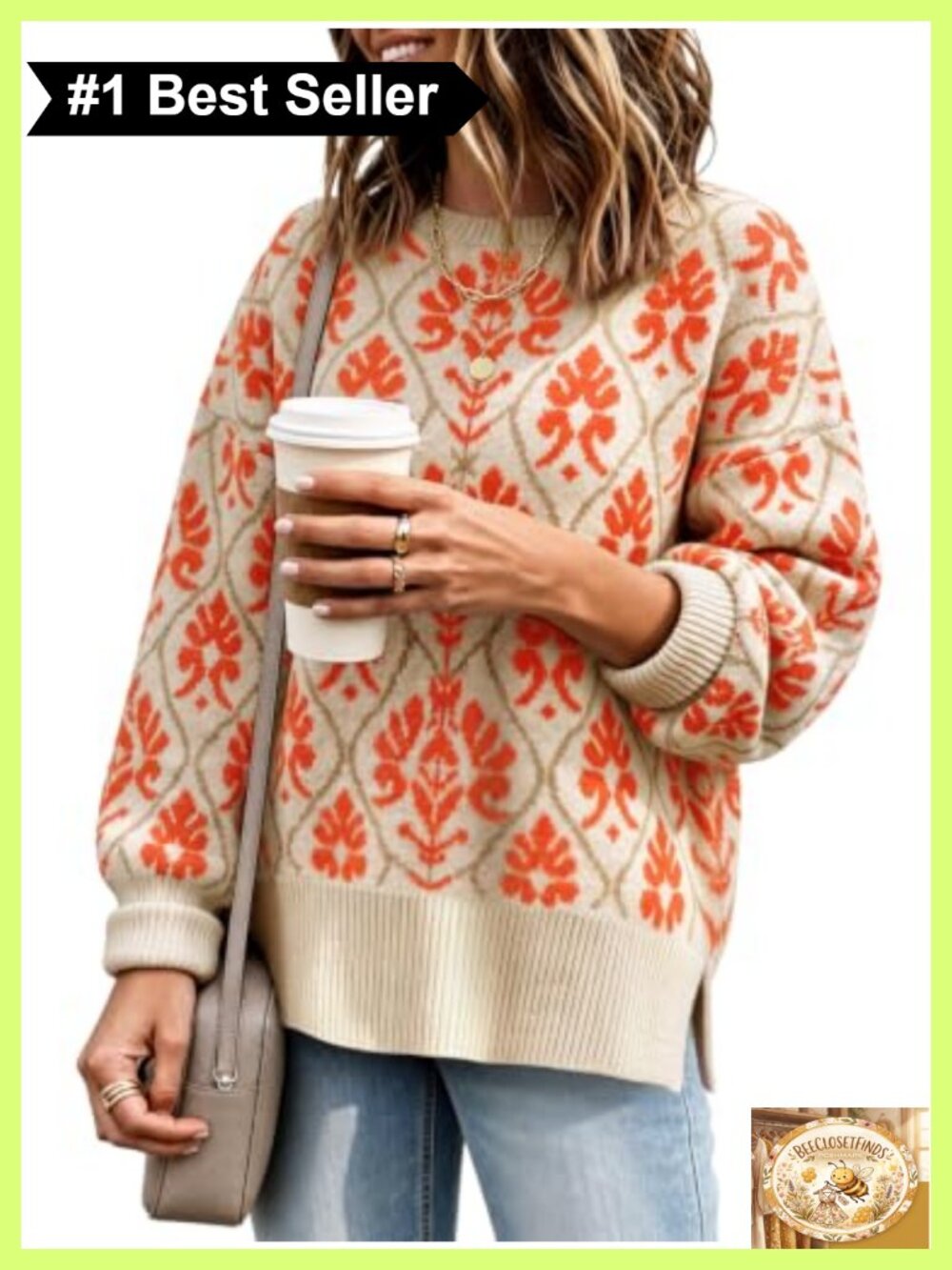 Women's Oversized Floral Chunky Ribbed Knit Pullover Sweater Crew Neck